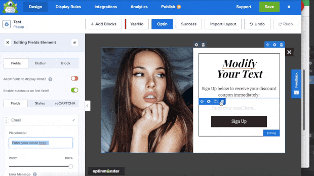 best woocommerce plugin - OptinMonster drag and drop a button into place shopping template