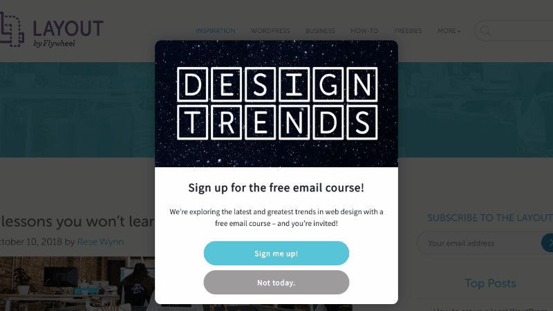 A OptinMonster campaign on the Flywheel blog targeted to appear only the design trends category - OptinMonster A OptinMonster campaign on the Flywheel blog targeted to appear only the design trends category