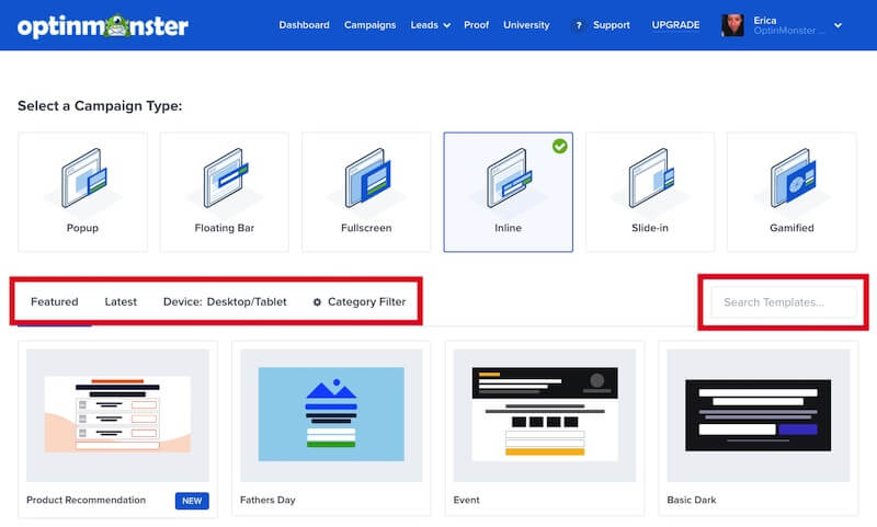 Search and filter available Inline type campaign templates. - OptinMonster Search and filter available Inline type campaign templates.
