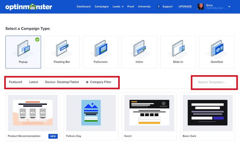 Filter and search Popup campaign templates in OptinMonster. - OptinMonster Filter and search Popup campaign templates in OptinMonster.