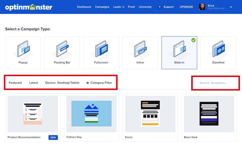 Filter and search Slide-in campaign templates. - OptinMonster Filter and search Slide-in campaign templates.