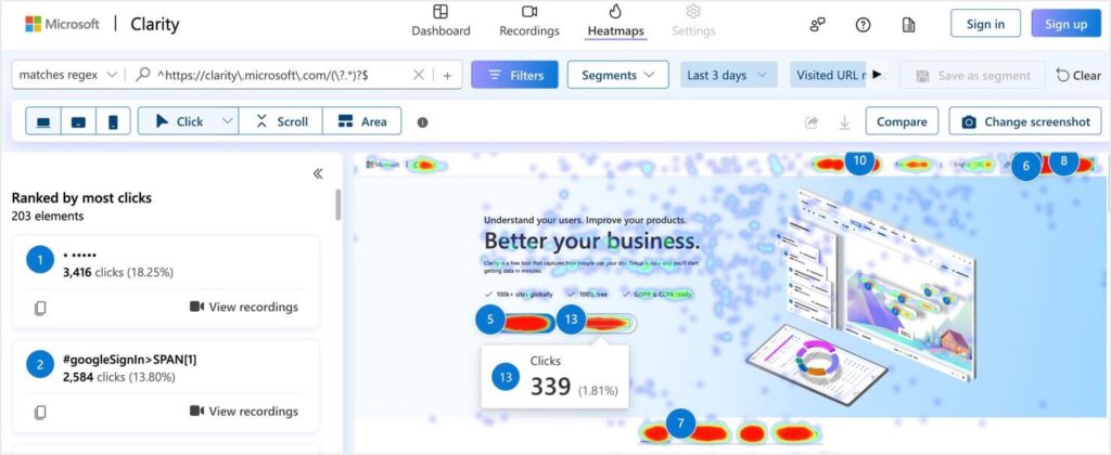 microsoft-clarity-heatmapping-cro-tool - OptinMonster Screenshot of a heatmap from Microsoft Clarity, a free conversion rate optimization tool.