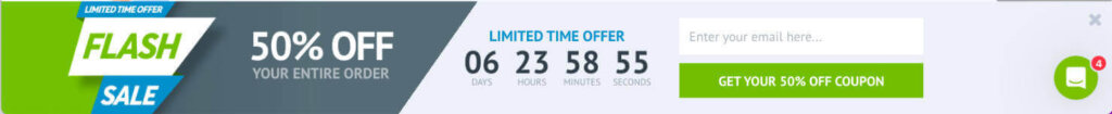 optinmonster-flash-sale-floating-bar-template - OptinMonster A website floating bar advertising a flash sale with '50% OFF YOUR ENTIRE ORDER' with a countdown timer. The left side of the bar features the text 'FLASH SALE' in bold. On the right, there is a field for visitors to enter their email, accompanied by a green button that says 'GET YOUR 50% OFF COUPON.