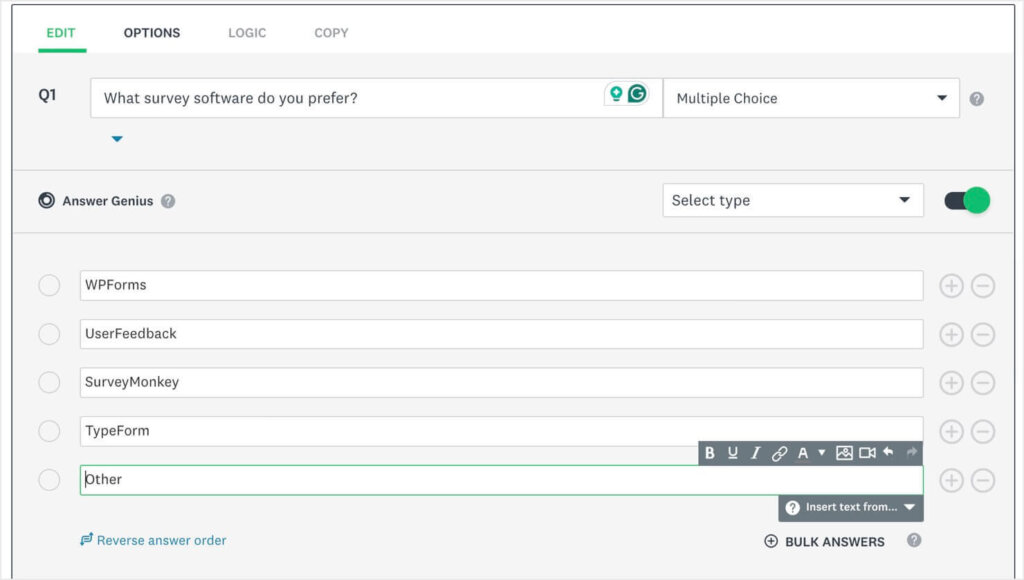 surveymonkey-survey-software - OptinMonster Screeenshot of editing a multiple choice question in SurveyMonkey's online survey software.