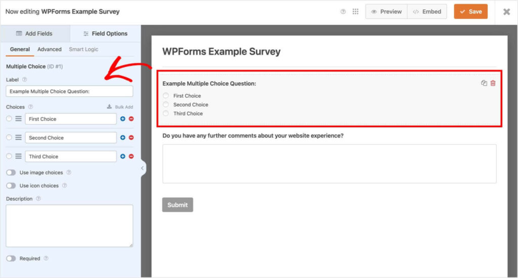 wpforms-online-survey-software - OptinMonster WPforms field options menu for its online survey tool