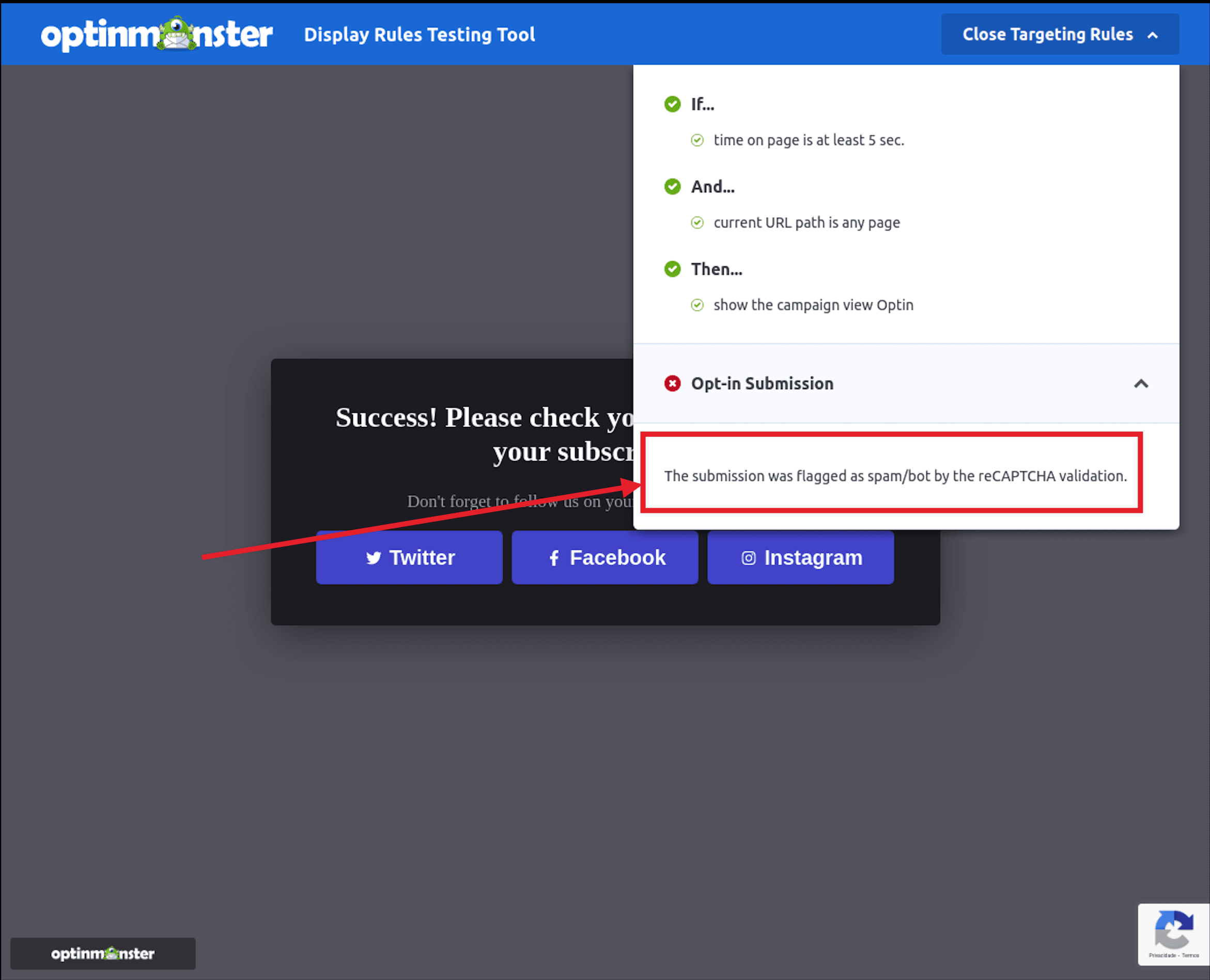 Display_Rules_Testing_Tool_reCAPTCHA - OptinMonster Display Rules Testing Tool Screen with reCAPTCHA Validation