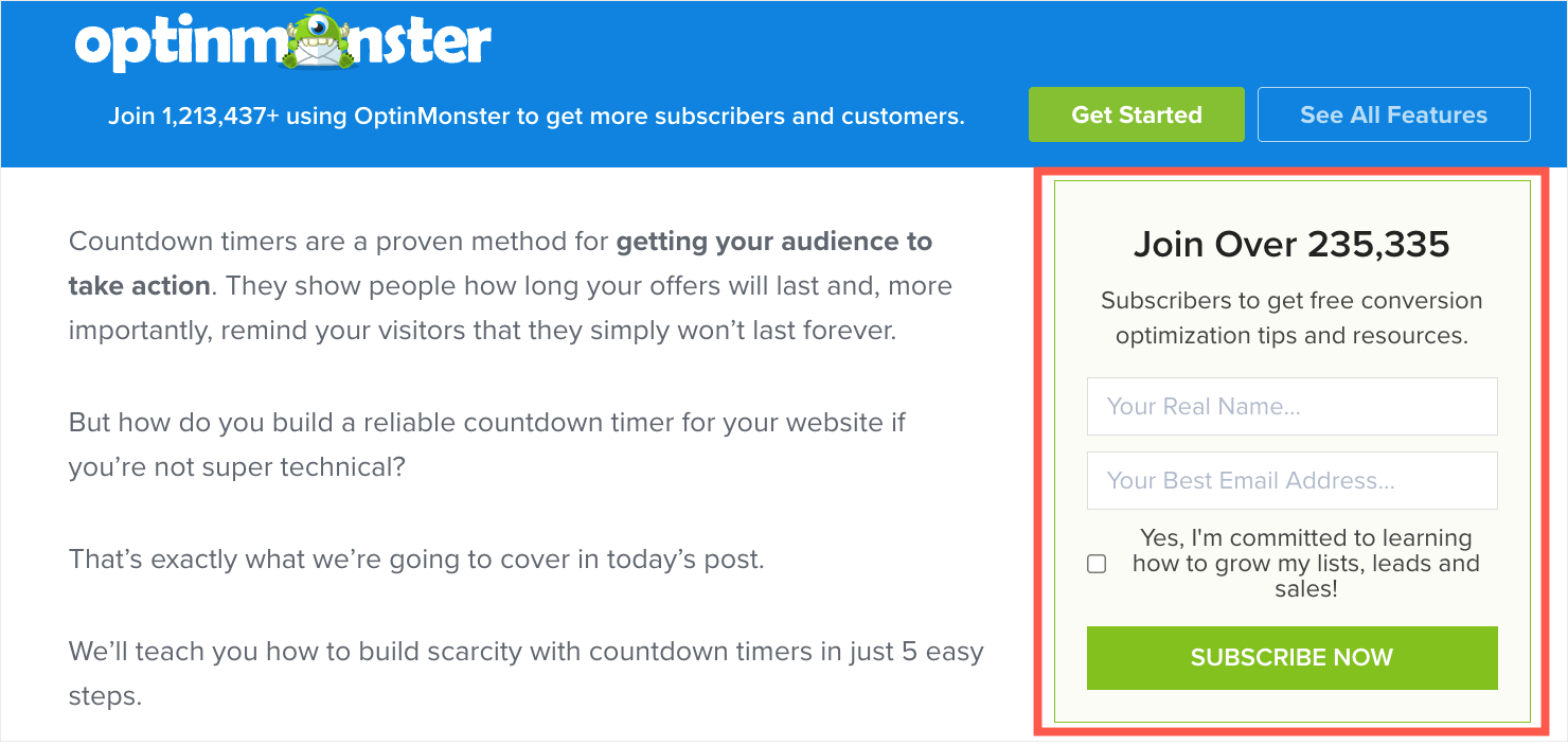 optinmonster-email-signup-with-social-proof-examples - OptinMonster Screenshot of OptinMonster's sidebar email signup form. Heading says, "Join Over 235,335." Subheading says "Subscribers to get free conversion optimization tips and resources." Then there are signup fields and a button that says "Suscribe Now"
